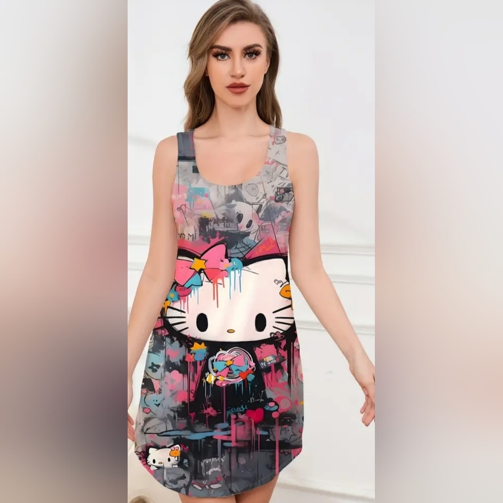 Hello Kitty Sleep Lounge M Patchwork‎ Gray Pink Scoop Neck Sundress Pajamas